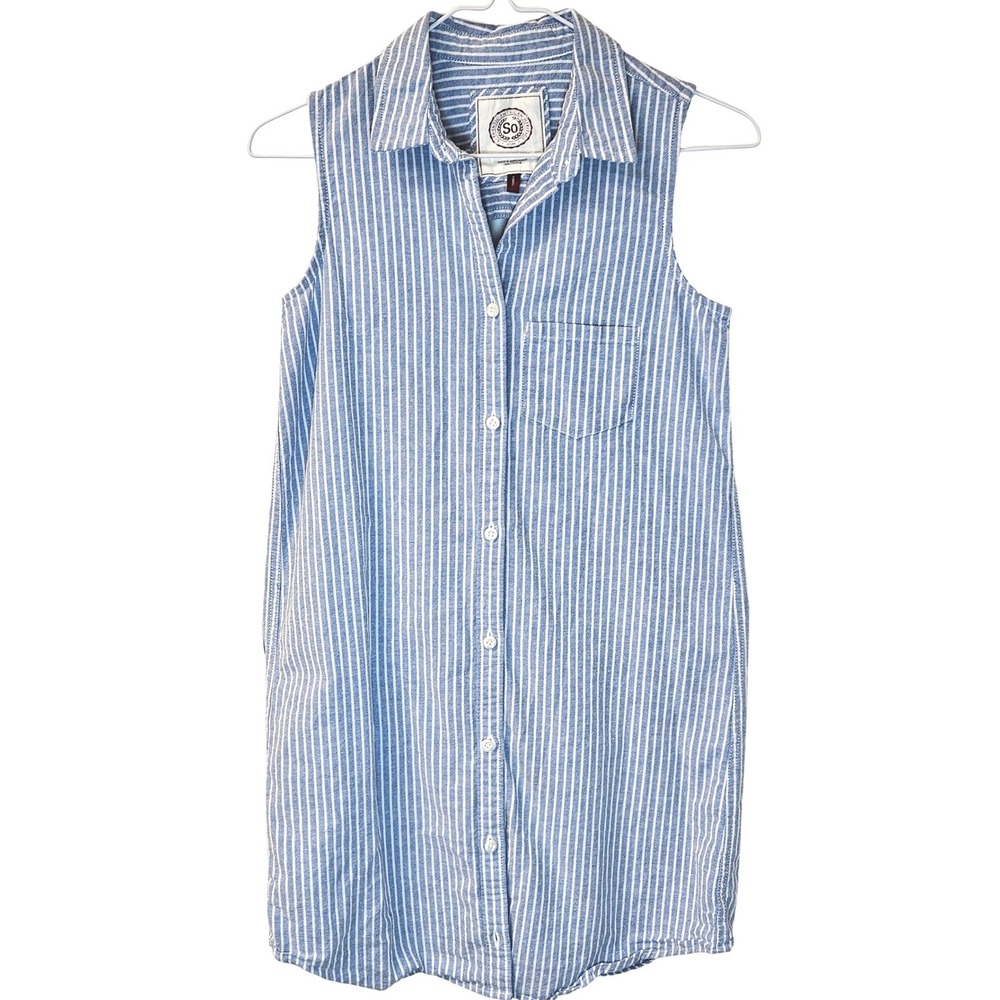 SO Blue Stripe Open Back Button Down Shirt Dress‎ Coastal Preppy Cottagecore XS
